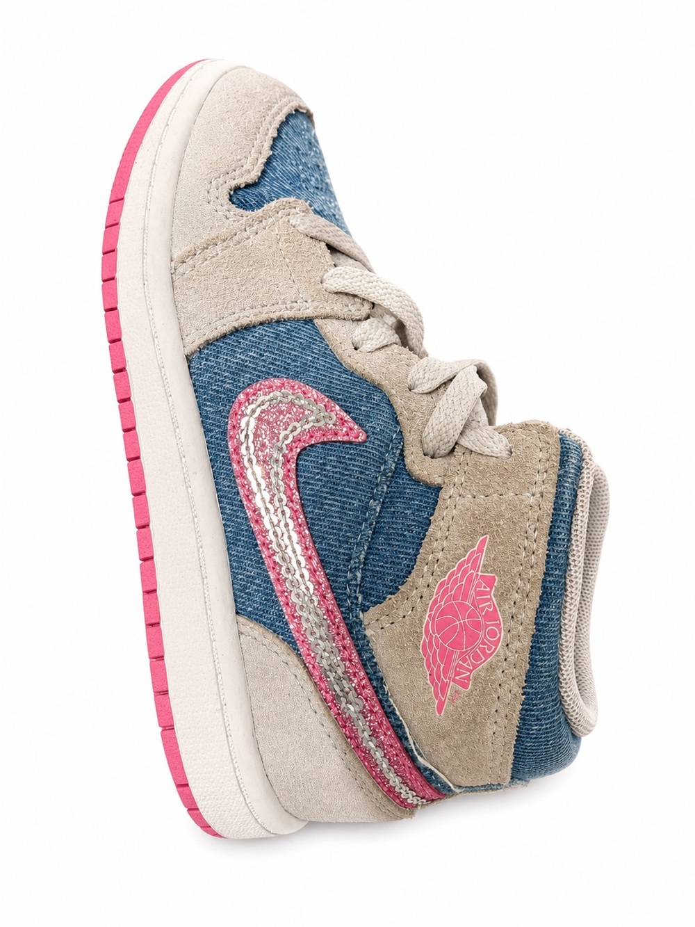 Air Jordan Kids High-Top Sneaker in Denim Blue, Beige & Pink